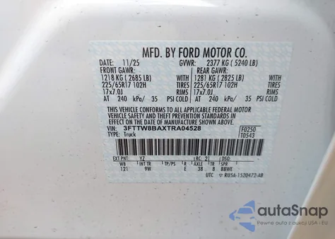 2026 Ford Maverick Xl z USA, uszkodzony, nr VIN 3FTTW8BAXTRA04528